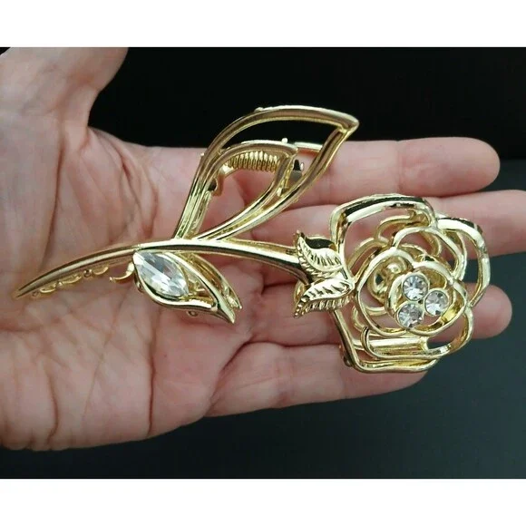 NEW Rose Flower Metal Hair Clip Strong Claws Gold Beautiful Heavy Duty Classic - Picture 4 of 10